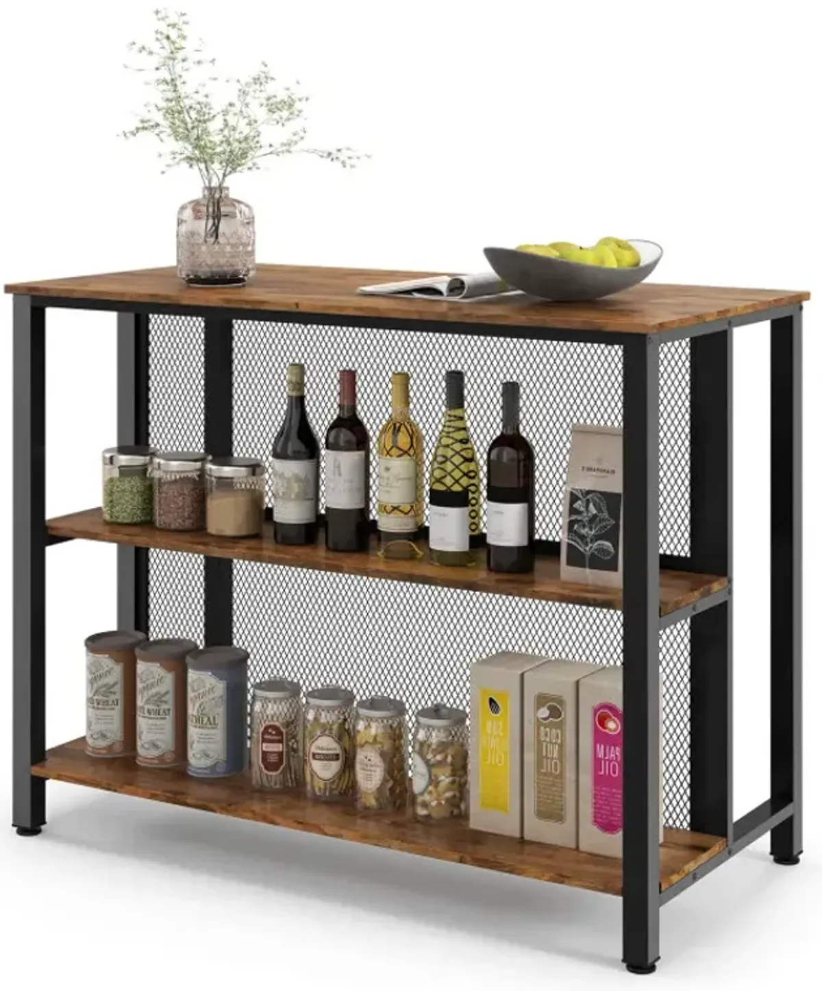 36 Inch 3-Tier Bar Table with Storage Metal Frame Adjustable Foot Pads for Dining Room