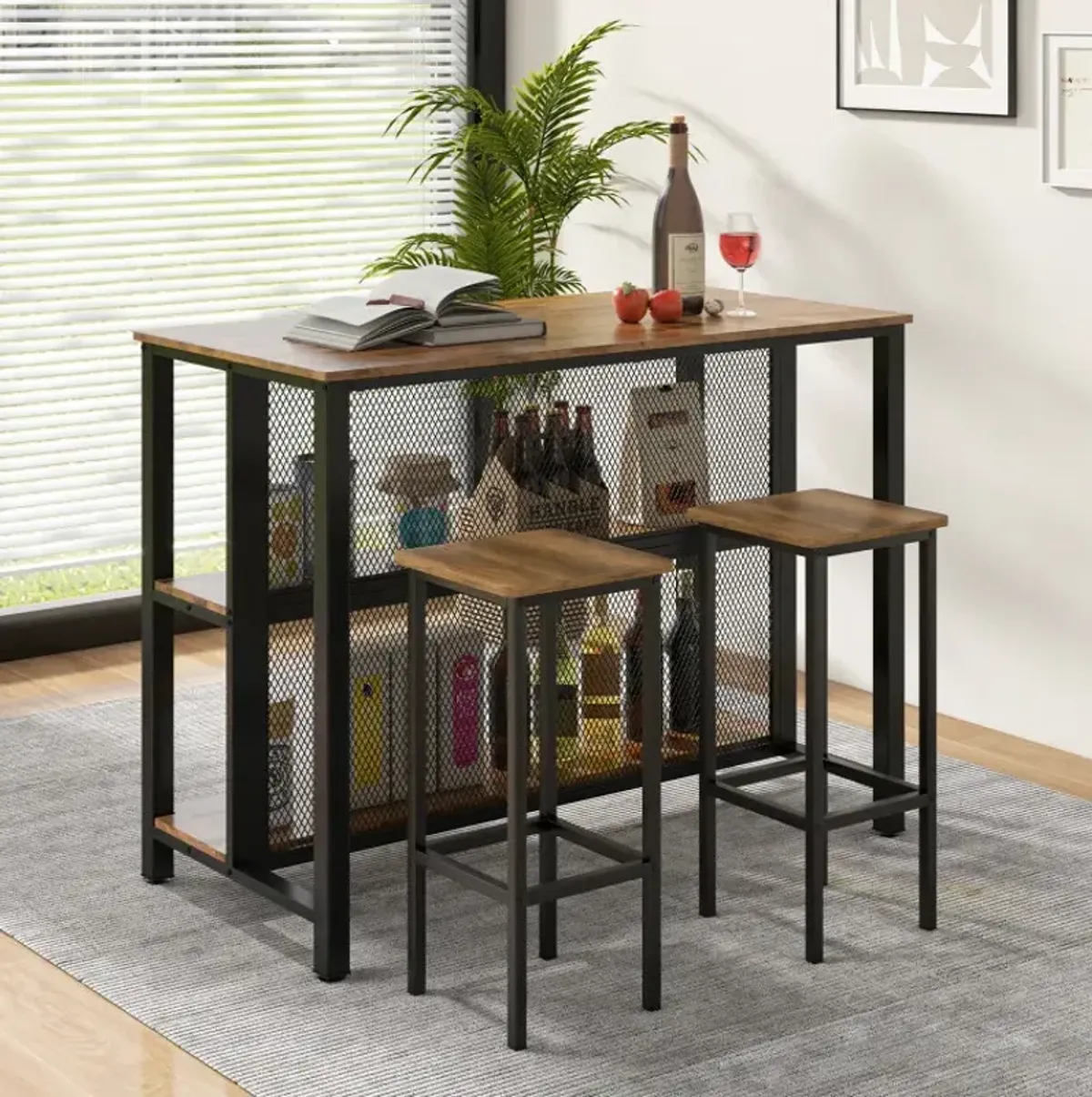 36 Inch 3-Tier Bar Table with Storage Metal Frame Adjustable Foot Pads for Dining Room