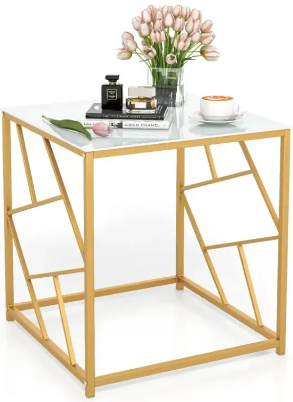 Square End Table with Tempered Glass Tabletop and Gold Finish Geometric Frame