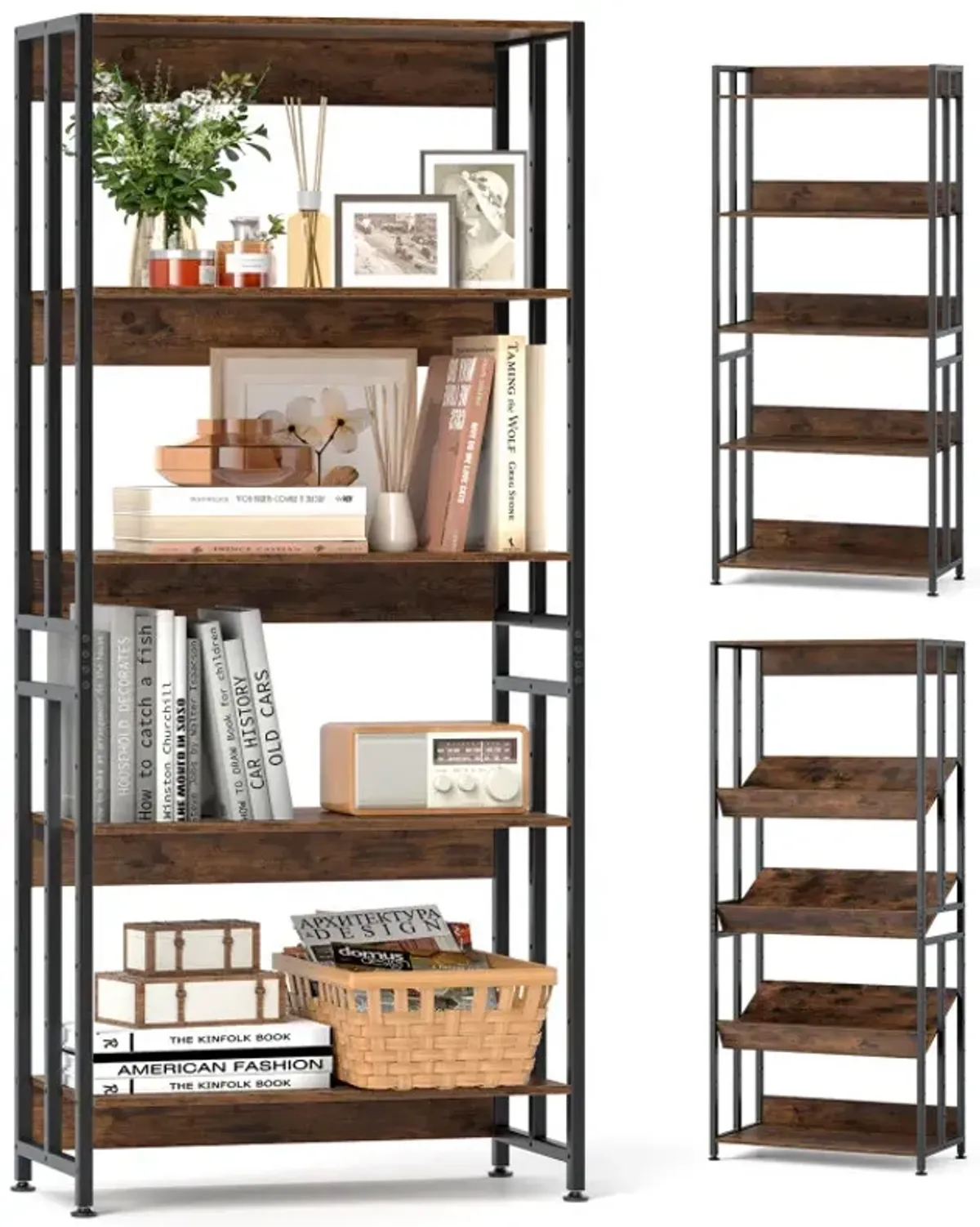 5-Tier Bookshelf with Adjustable and Tiltable Shelves