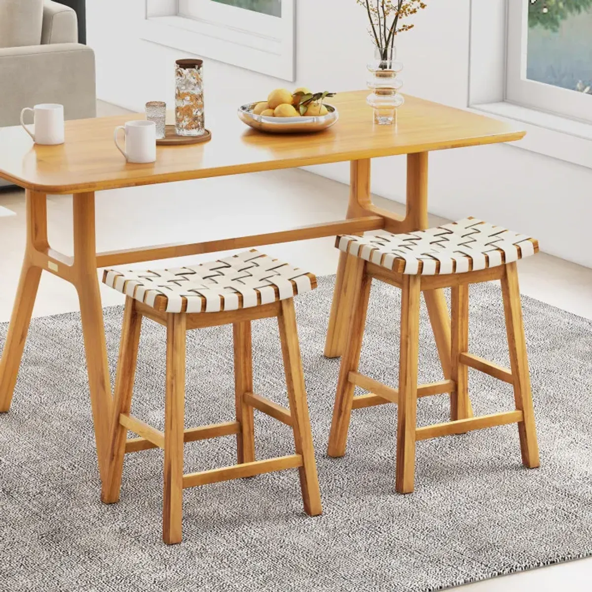 Faux PU Leather Bar Stools Set of 2 with Woven Curved Seat Natural