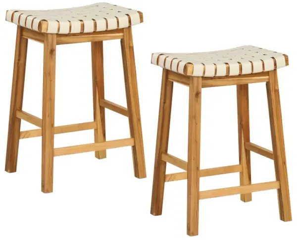 Faux PU Leather Bar Stools Set of 2 with Woven Curved Seat Natural
