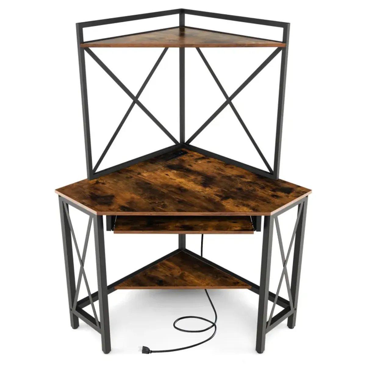 Space-Saving Corner Computer Desk with with Hutch and Keyboard Tray