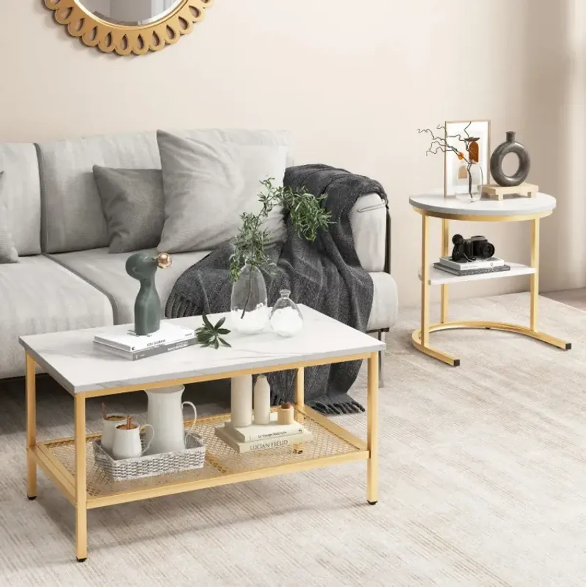 Set of 2 Nesting Coffee Table with Extra Storage Shelf for Living Room