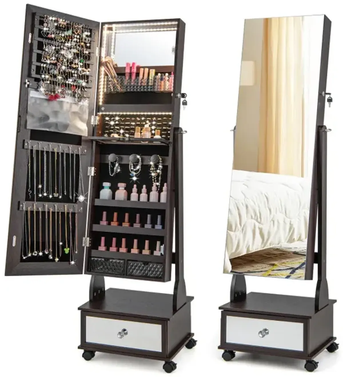 47 Inch Lockable Jewelry Cabinet Armoire with 3-Color LED Lights