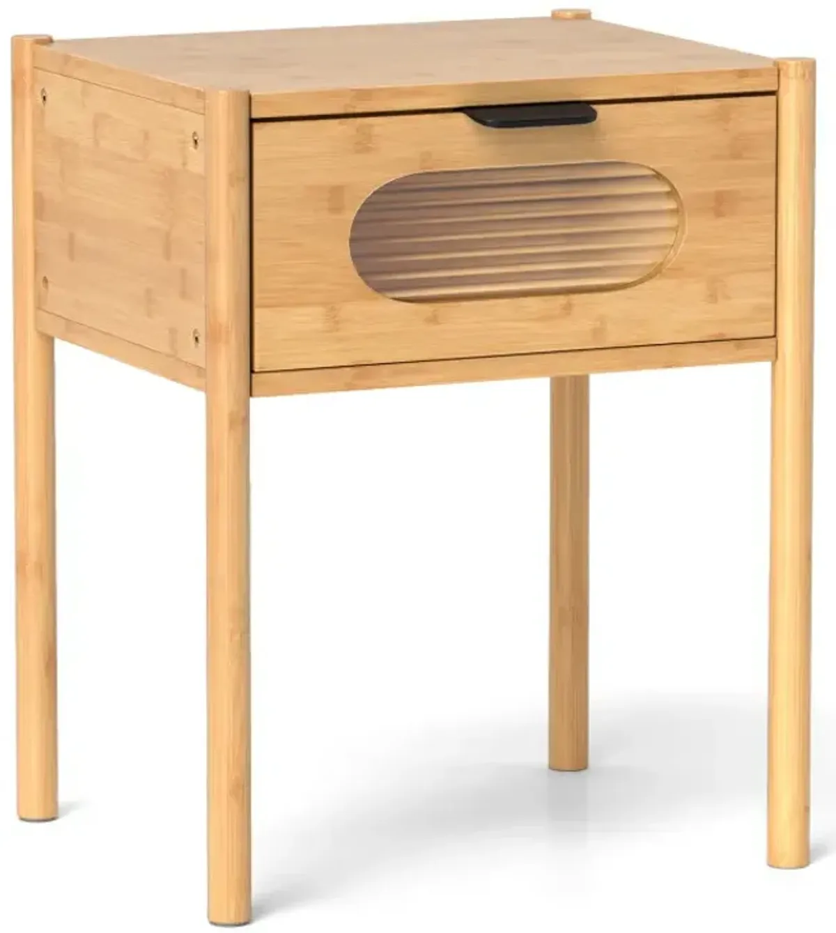 Bamboo Nightstand Square Tall End Table with Decorated Drawer