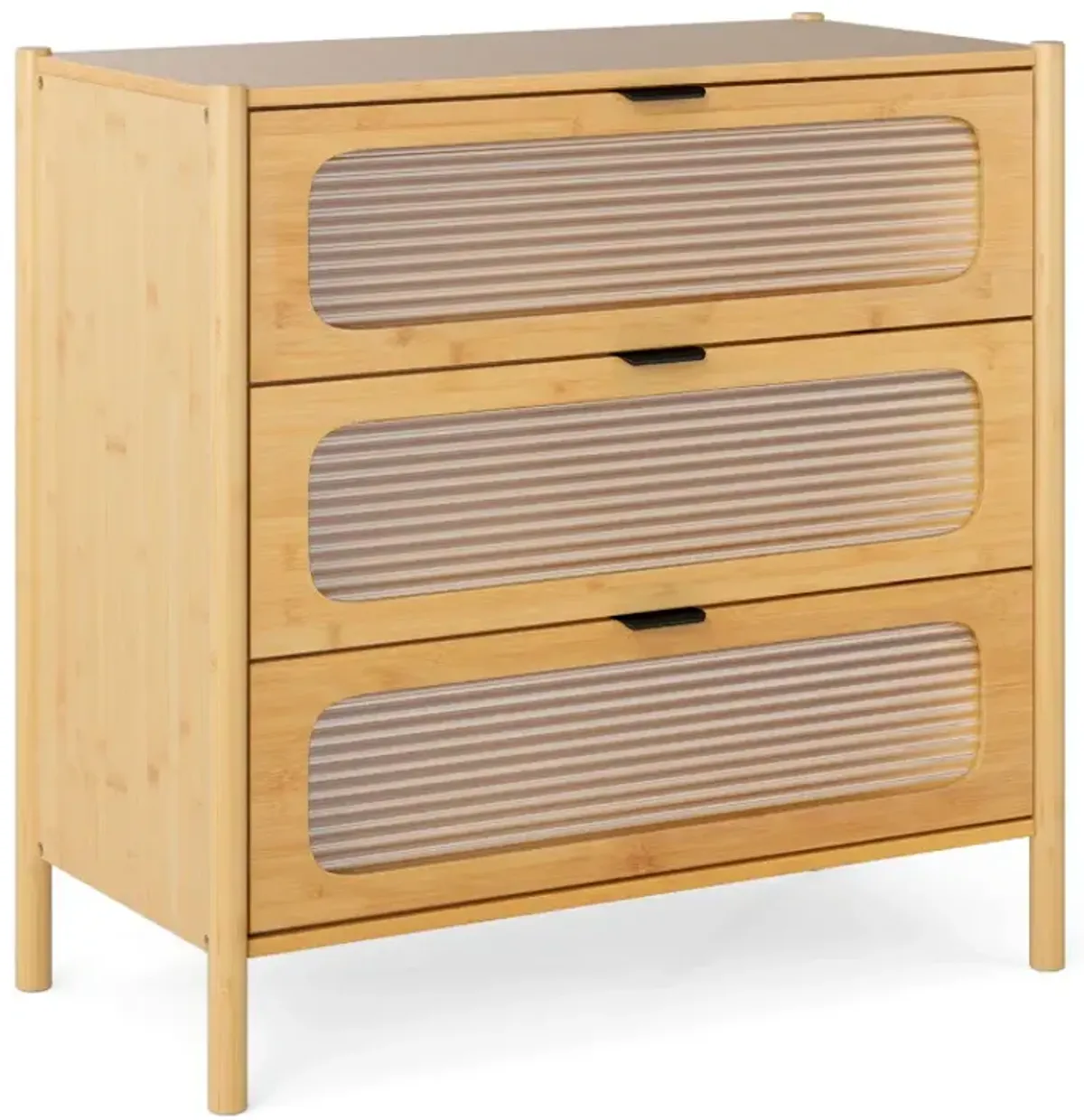 3 Drawer Mid Century Modern Chest of Drawers with Reeded Tempered Glass Front