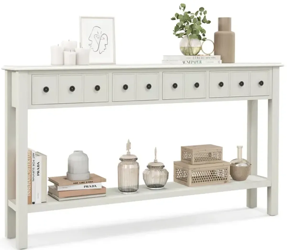 60 Inch Long Sofa Table with 4 Drawers and Open Shelf for Living Room