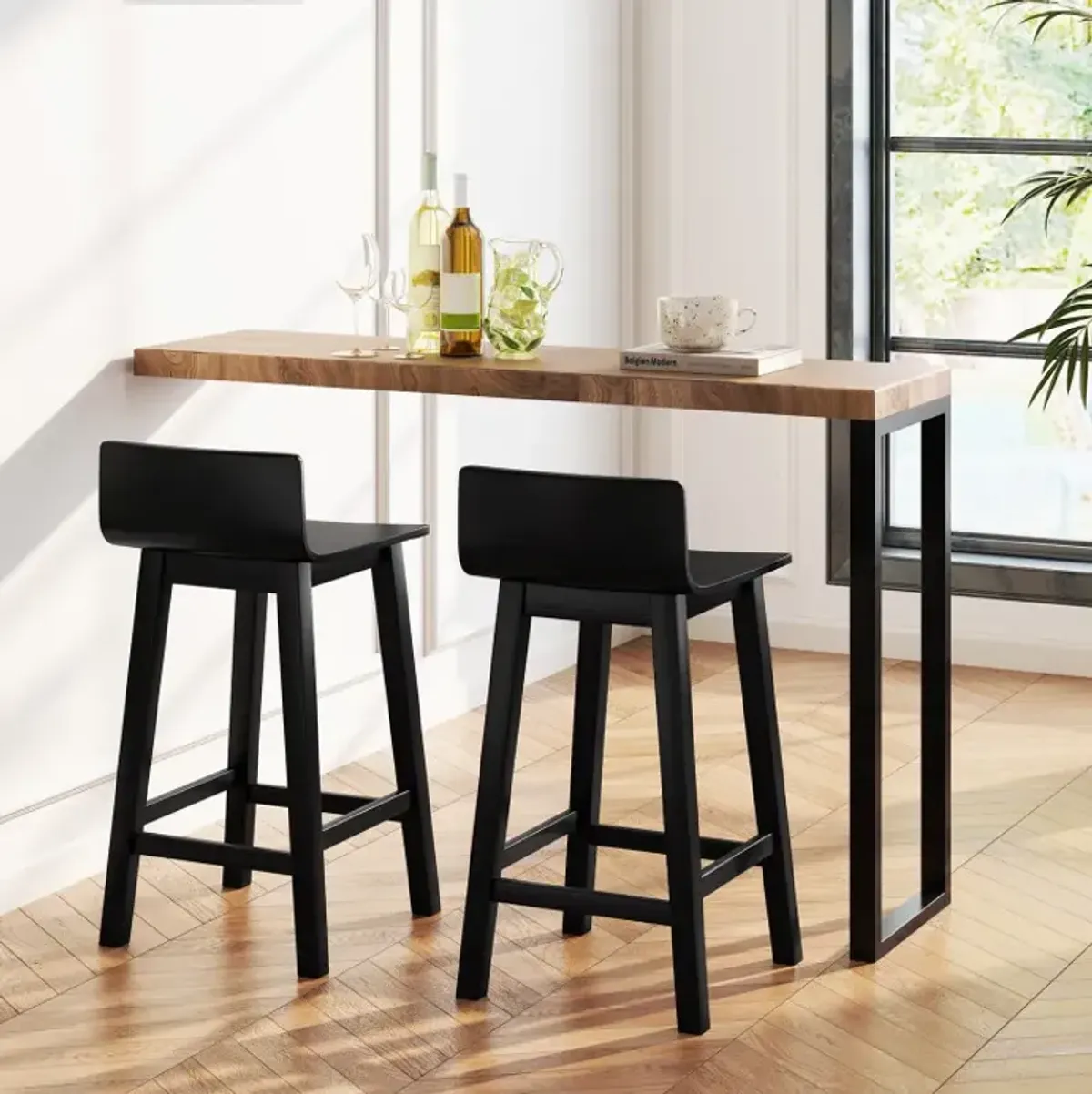 Wood Bar Stools Set of 2 with Solid Back and Seat