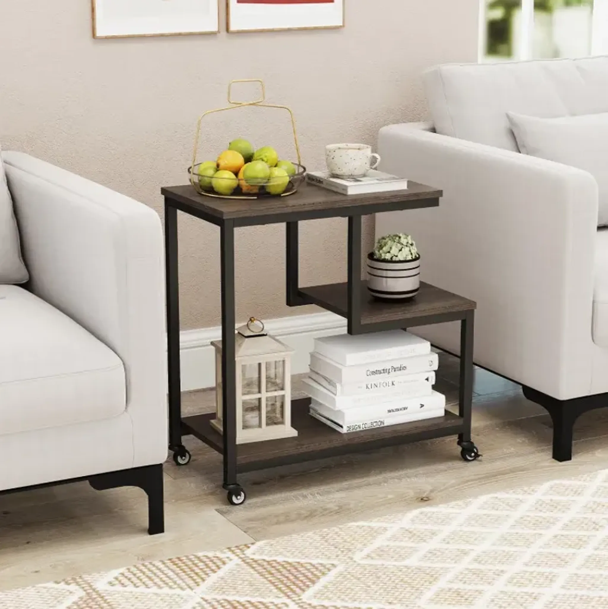 G Shaped Side Table 3 Tier Mobile End Table With Open Shelves Costway ...