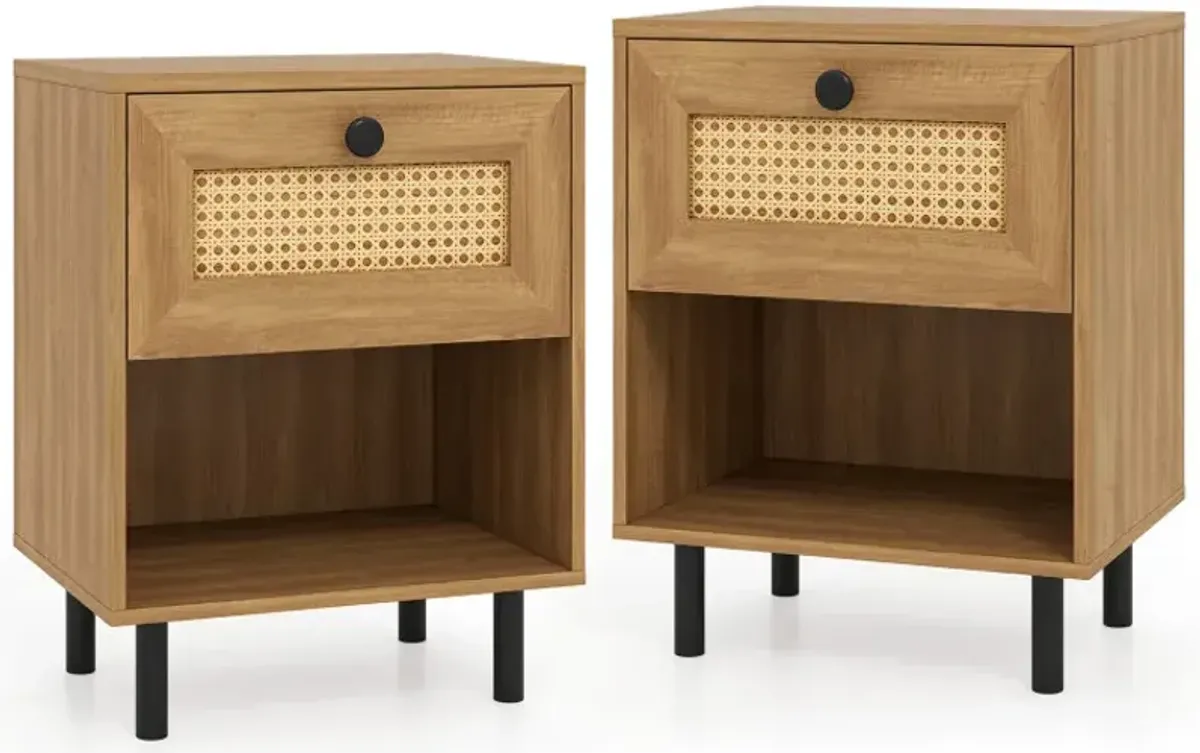 Rattan Nightstand Boho End Table with Rattan Drawer and Open Shelf Set of 2