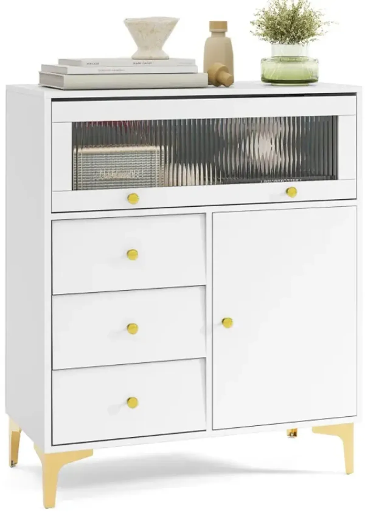 Chest of Drawers with Flip Up Fluted Glass Door for Bedroom Kitchen