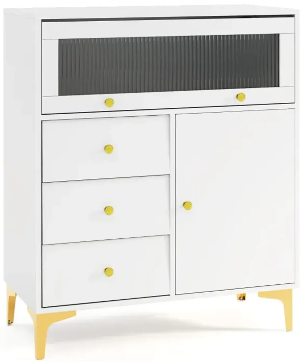 Chest of Drawers with Flip Up Fluted Glass Door for Bedroom Kitchen