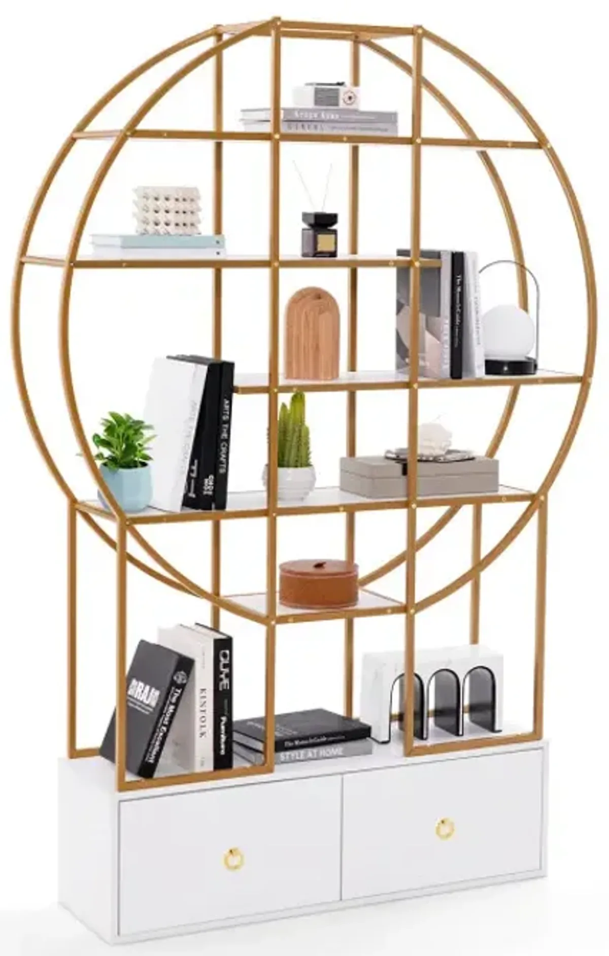 71 Inches 6-Tier Gold Bookshelf with 2 Storage Drawers