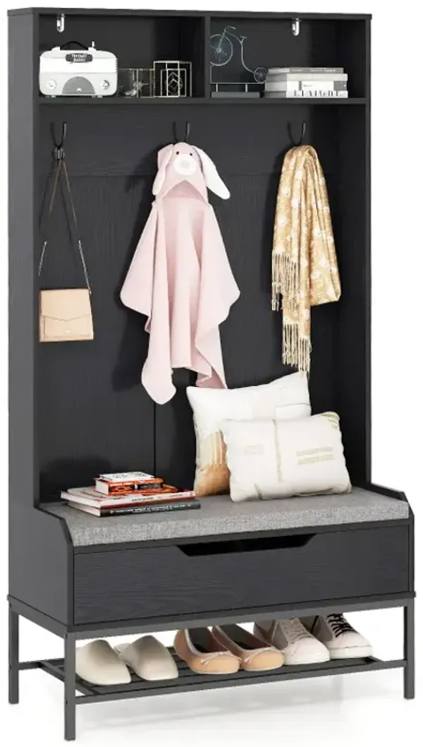 69 Inches Tall Hall Tree 4-in-1 Coat Rack with Seat Cushion and Shoe Storage