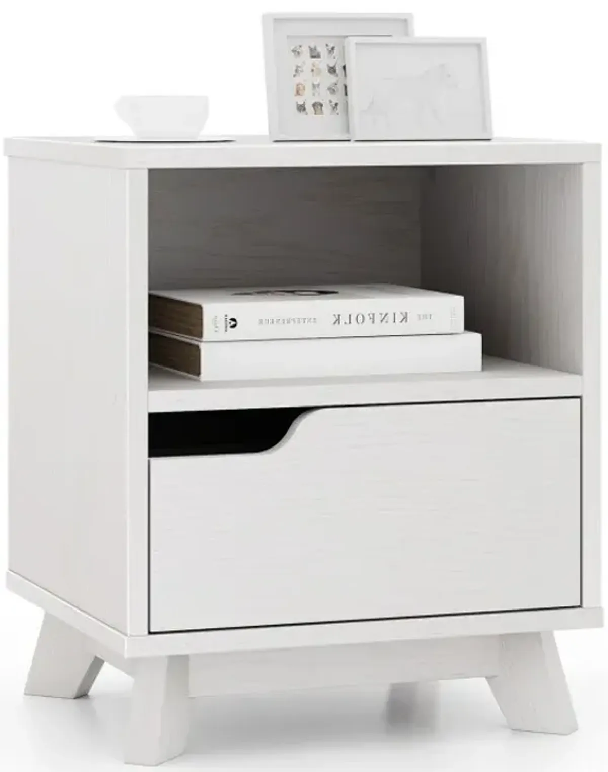 Mid Century Modern Bedside Table with Storage Drawer and Open Shelf