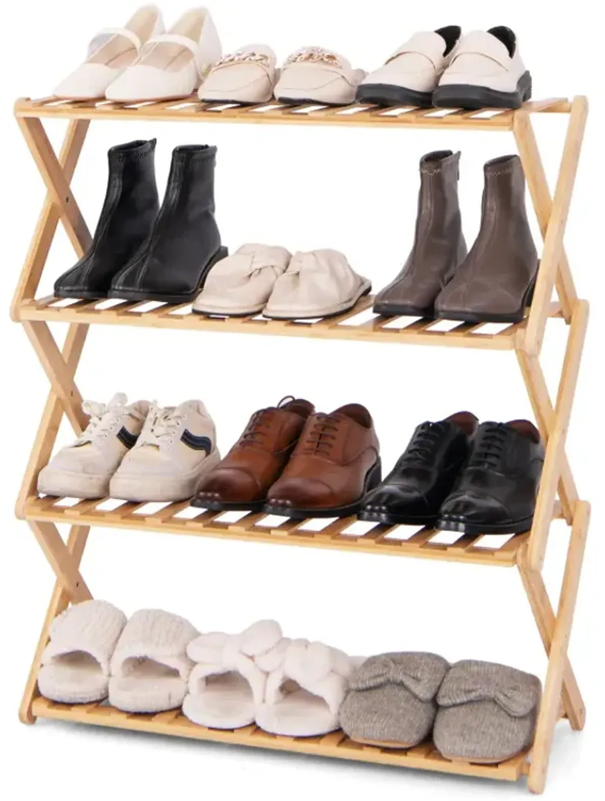 4-Tier Foldable Bamboo Shoe Rack with Slatted Shelves