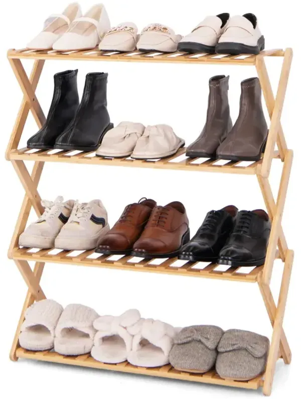 4-Tier Foldable Bamboo Shoe Rack with Slatted Shelves