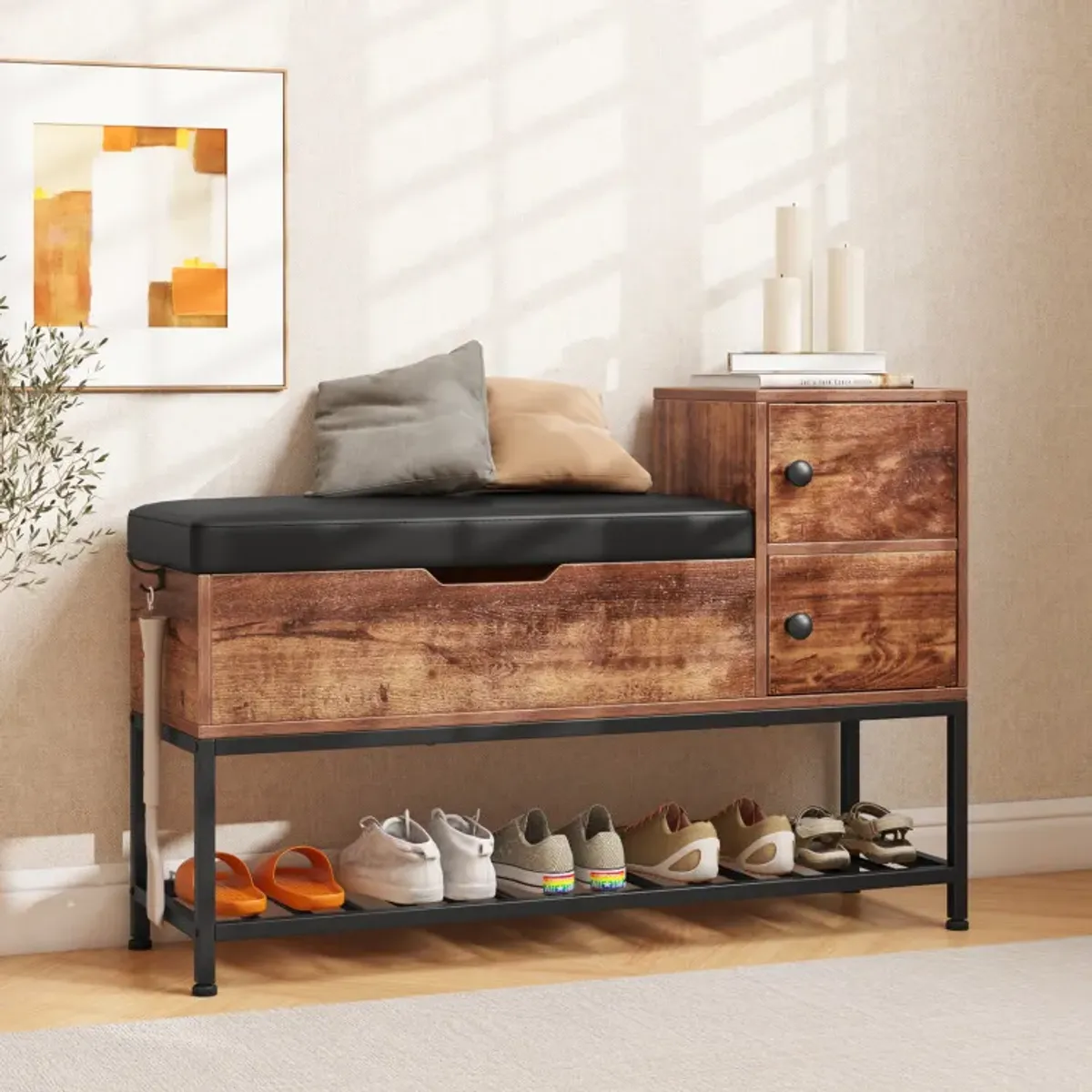 Entryway Bench with Flip Top Box and 2 Door Cabinets for Entryway