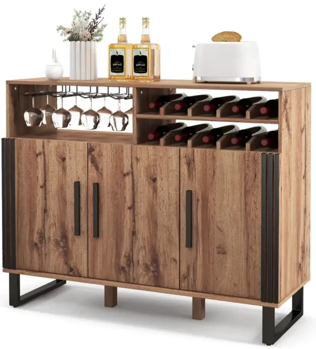 Home Wine Bar Cabinet with 3 Doors and Adjustable Shelves