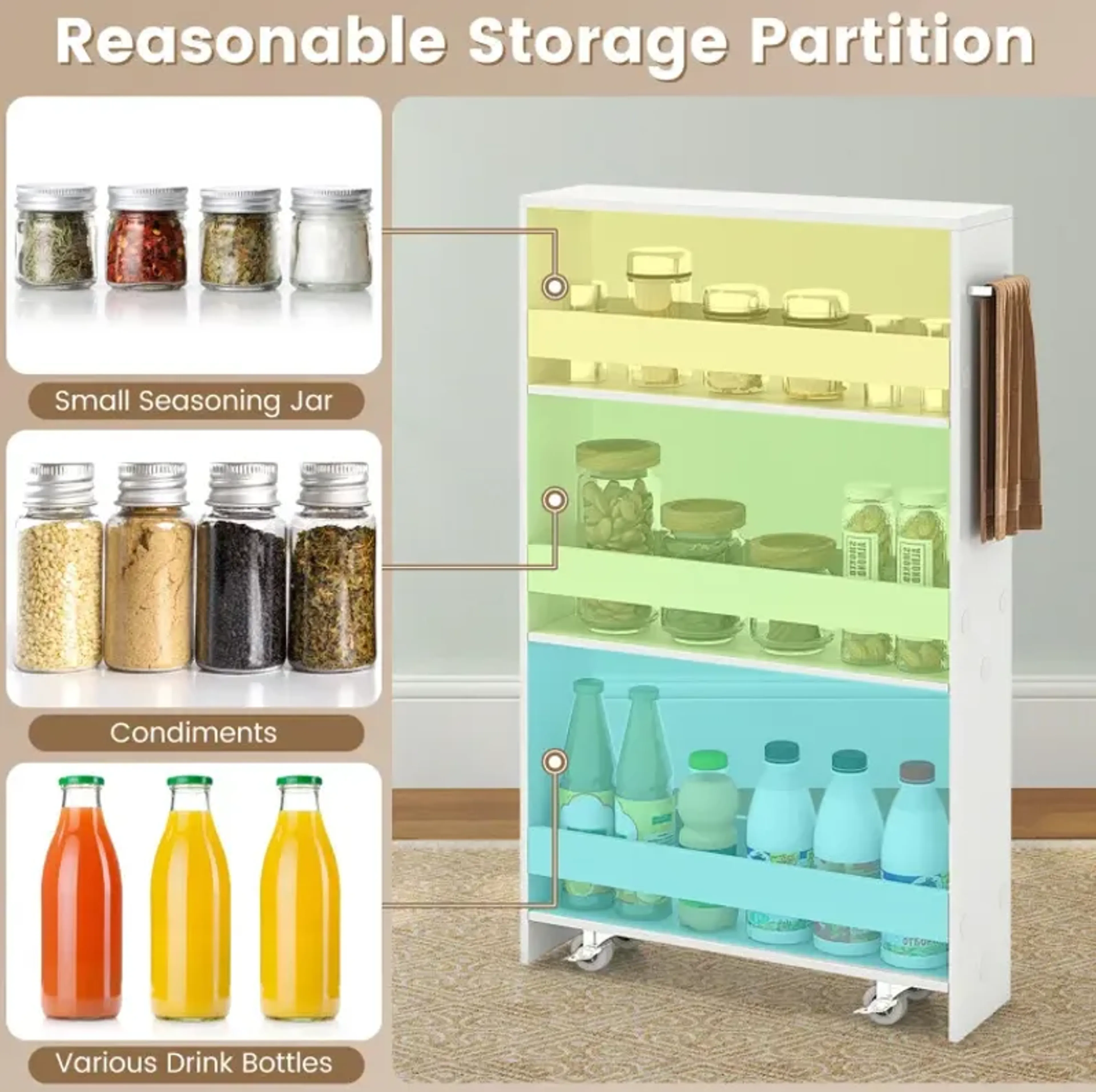 Rolling Kitchen Slim Storage Cart Mobile Shelving Organizer With Handle ...
