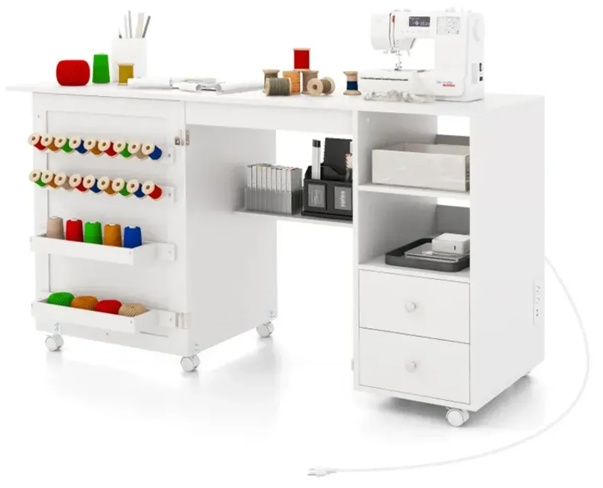 Folding Sewing Table with Charging Station and Storage Shelves