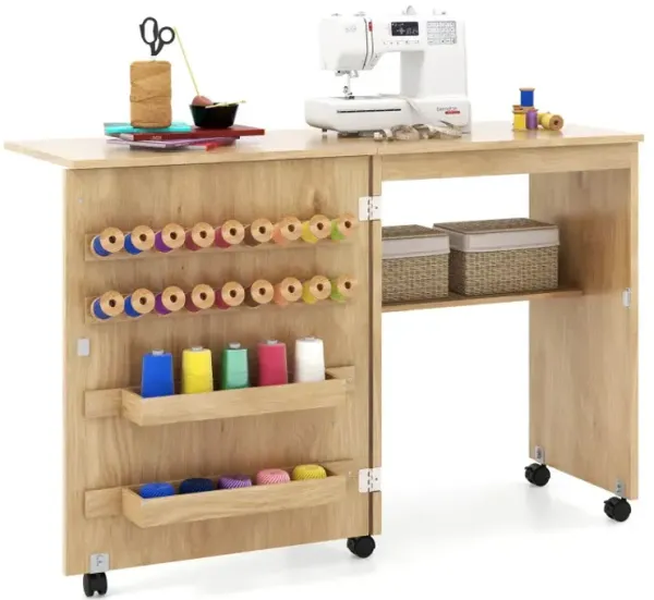 Folding Sewing Table with Storage Shelf and 5 Lockable Wheel
