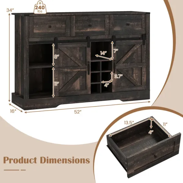 52 Inches Wine Bar Cabinet with LED Lights and Sliding Barn Doors