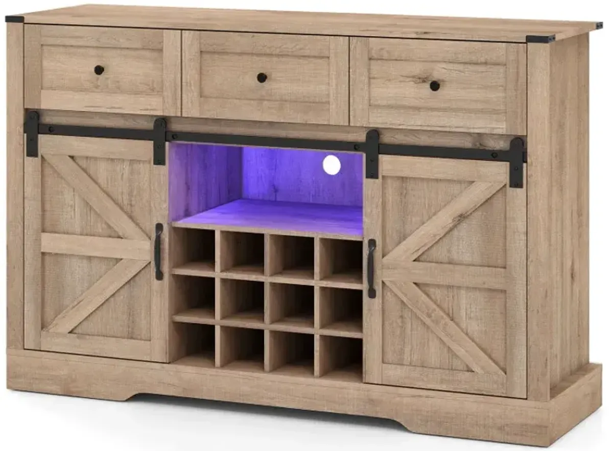 52 Inches Wine Bar Cabinet with LED Lights and Sliding Barn Doors
