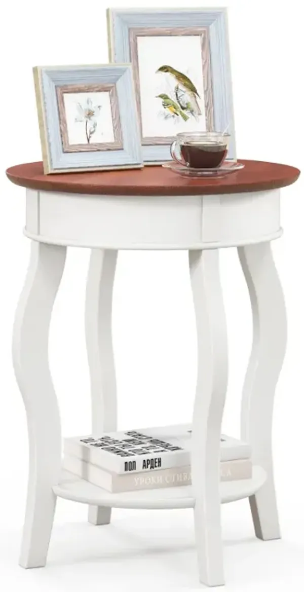 2-Tier Round End Table with Storage Shelf and Solid Rubber Wood Legs