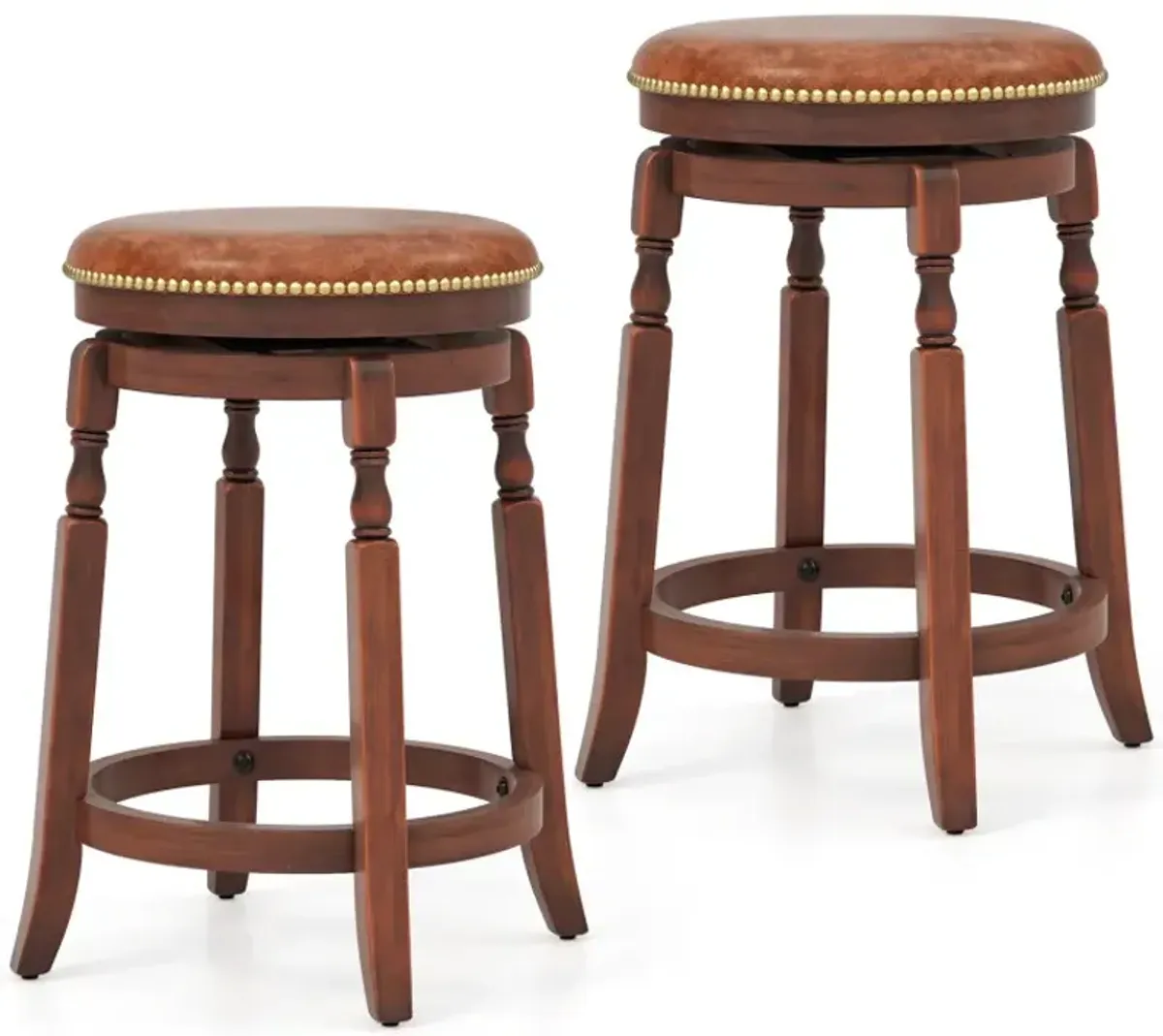 24/29 Inch Swivel Bar Stool Set of 2 with Upholstered Seat and Rubber Wood Frame