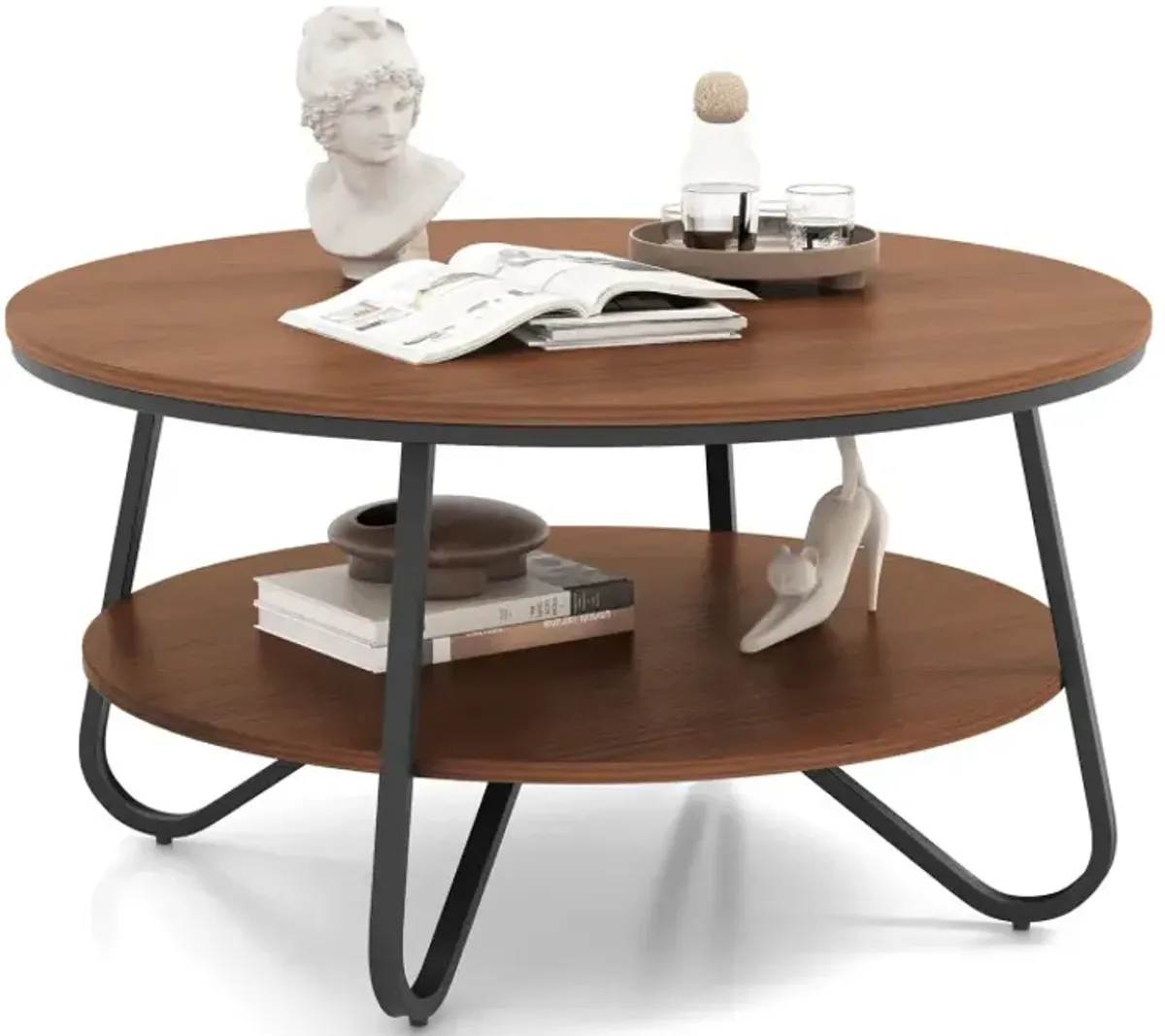 33.5 Inch Round Coffee Table with Wood Grain Finish and Heavy-duty Metal Frame