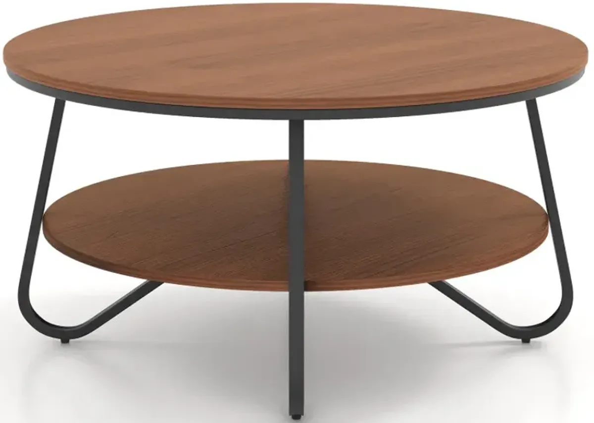 33.5 Inch Round Coffee Table with Wood Grain Finish and Heavy-duty Metal Frame