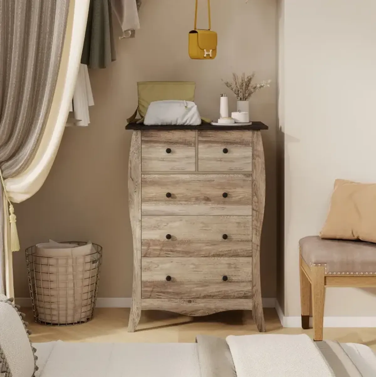 Closet Storage Organizer with 5 Folding Fabric Drawers and Anti-tipping Kit