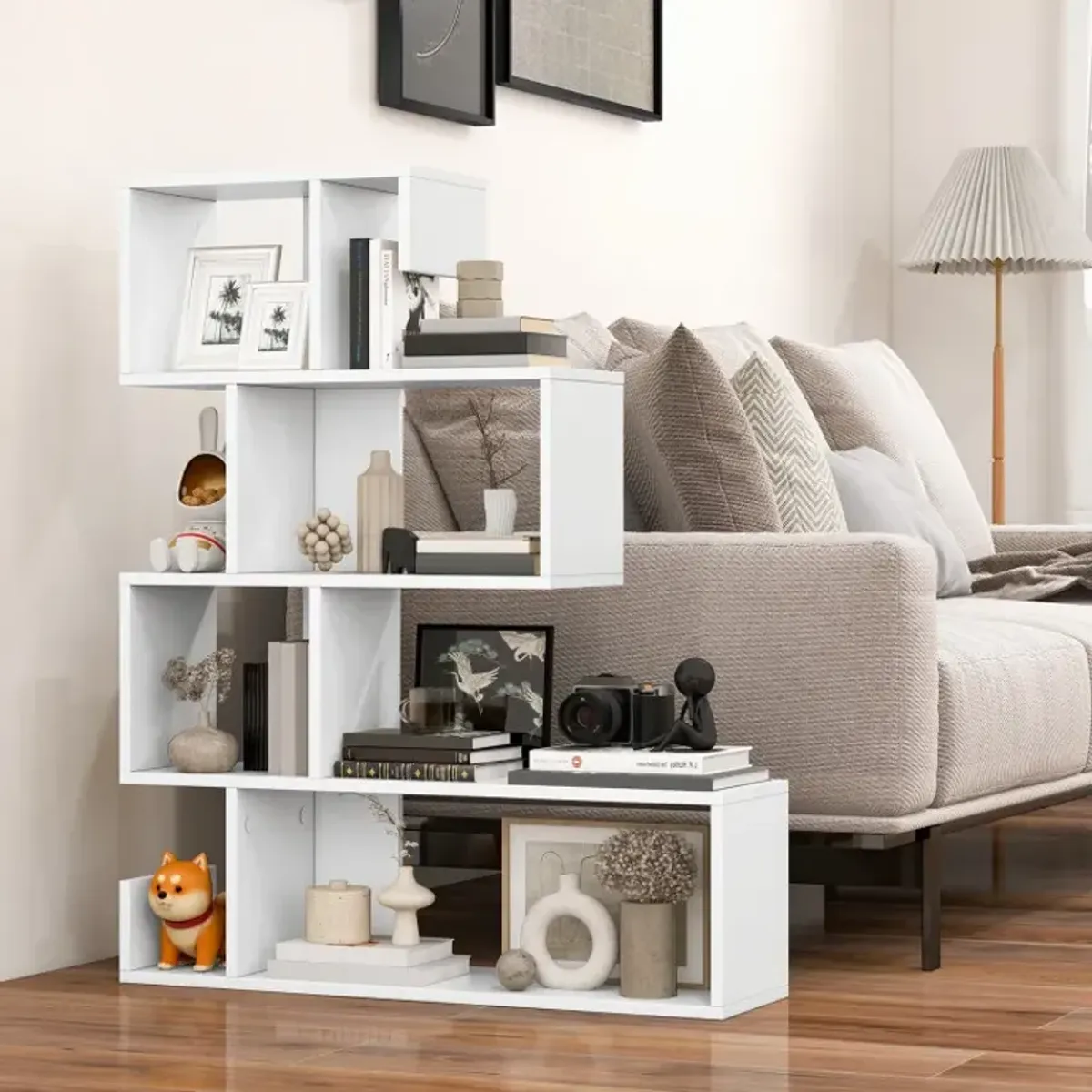 5-Tier S-Shaped Bookshelf Geometric Z-Shelf Bookcase with Open Cubes