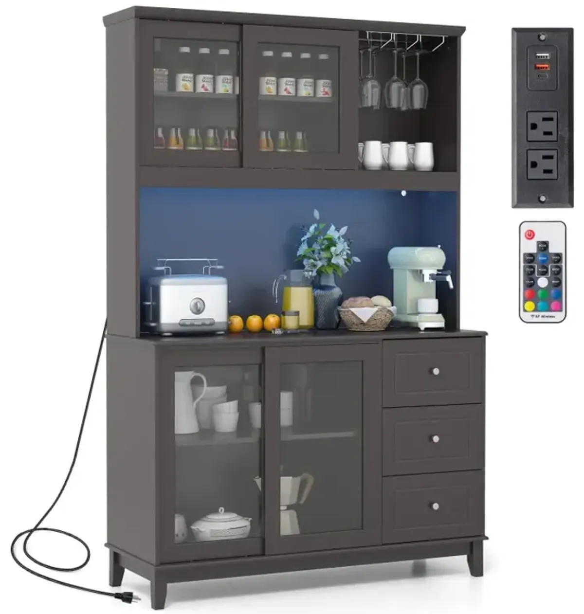 Kitchen Pantry Storage Cabinet Kitchen Hutch with LED lights and Power Outlet