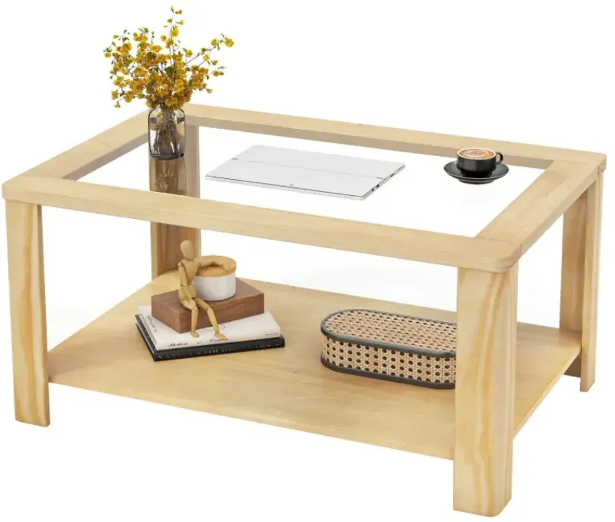 2-Tier Coffee Table Rectangular Center Table with Tempered Glass Tabletop and Storage Shelf