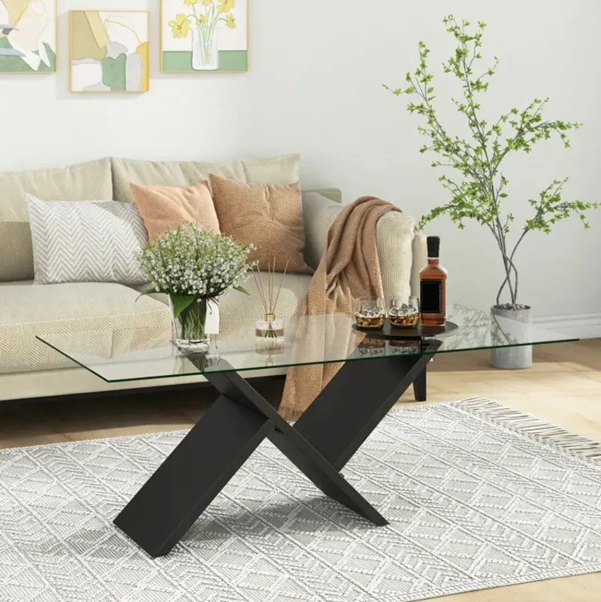 47 Inch Rectangle Glass Coffee Table Modern Center Table with Tempered Glass Tabletop