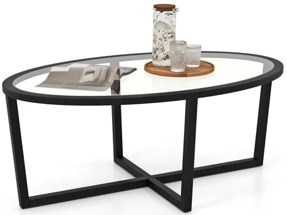 Glass Coffee Table Oval Living Room Table with Cross Base and Acacia Wood Legs
