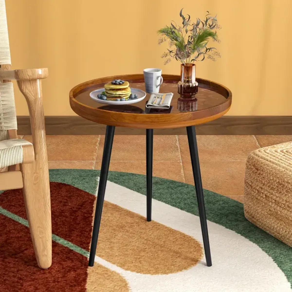 16/20 Inch Round End Table with Sea Shell Decoration and Epoxy Resin Finish-Brown