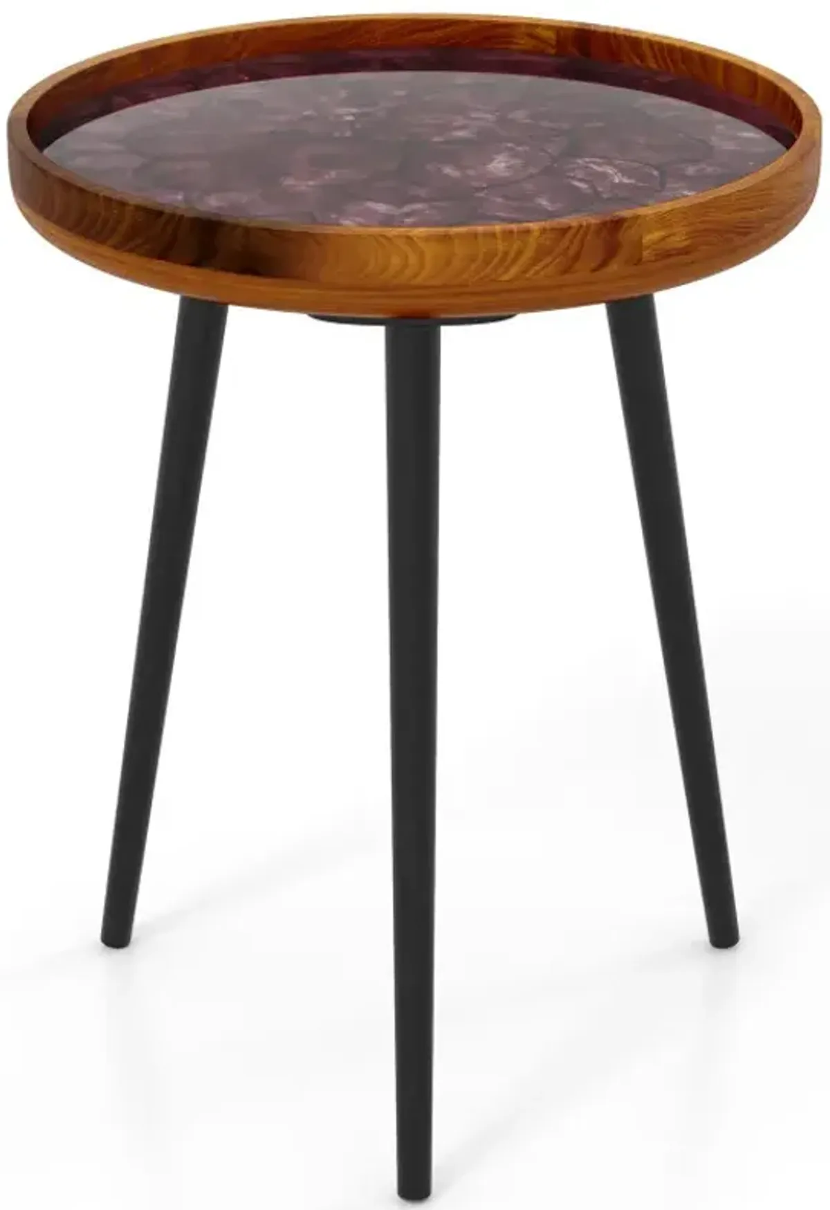 16/20 Inch Round End Table with Sea Shell Decoration and Epoxy Resin Finish-Brown