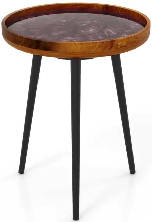 16/20 Inch Round End Table with Sea Shell Decoration and Epoxy Resin Finish-Brown