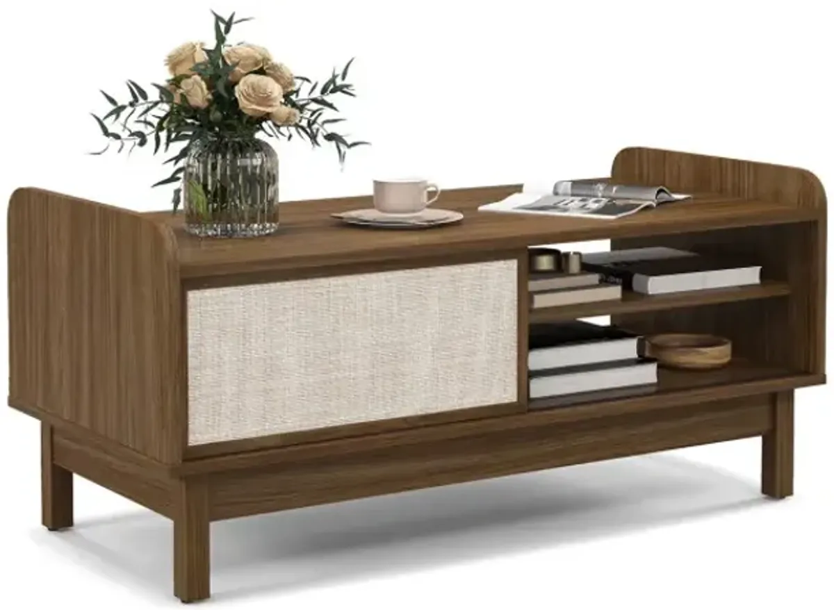 Mid-Century Center Table with Storage and Weaving Sliding Door & Adjustable Shelf
