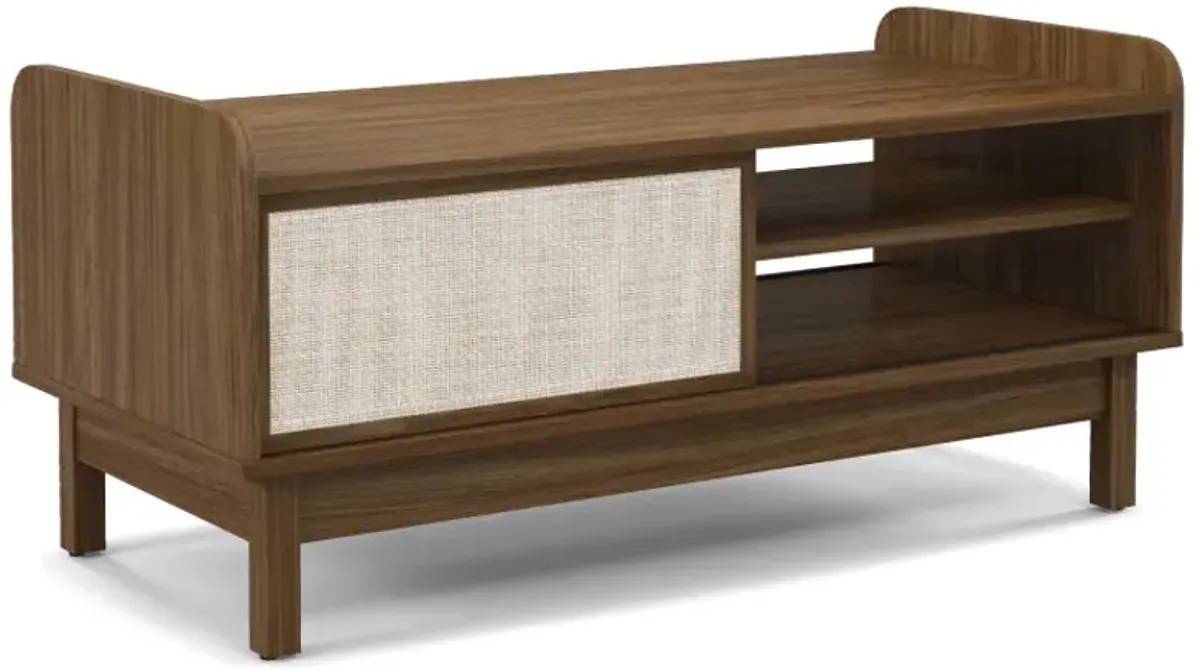 Mid-Century Center Table with Storage and Weaving Sliding Door & Adjustable Shelf