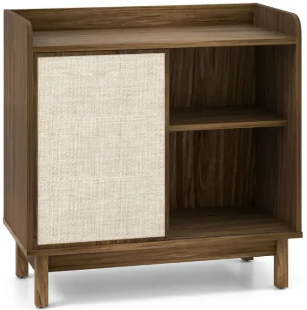 Rattan Buffet Sideboard Mid Century Floor Storage Cabinet with Sliding Door and Adjustable Shelves