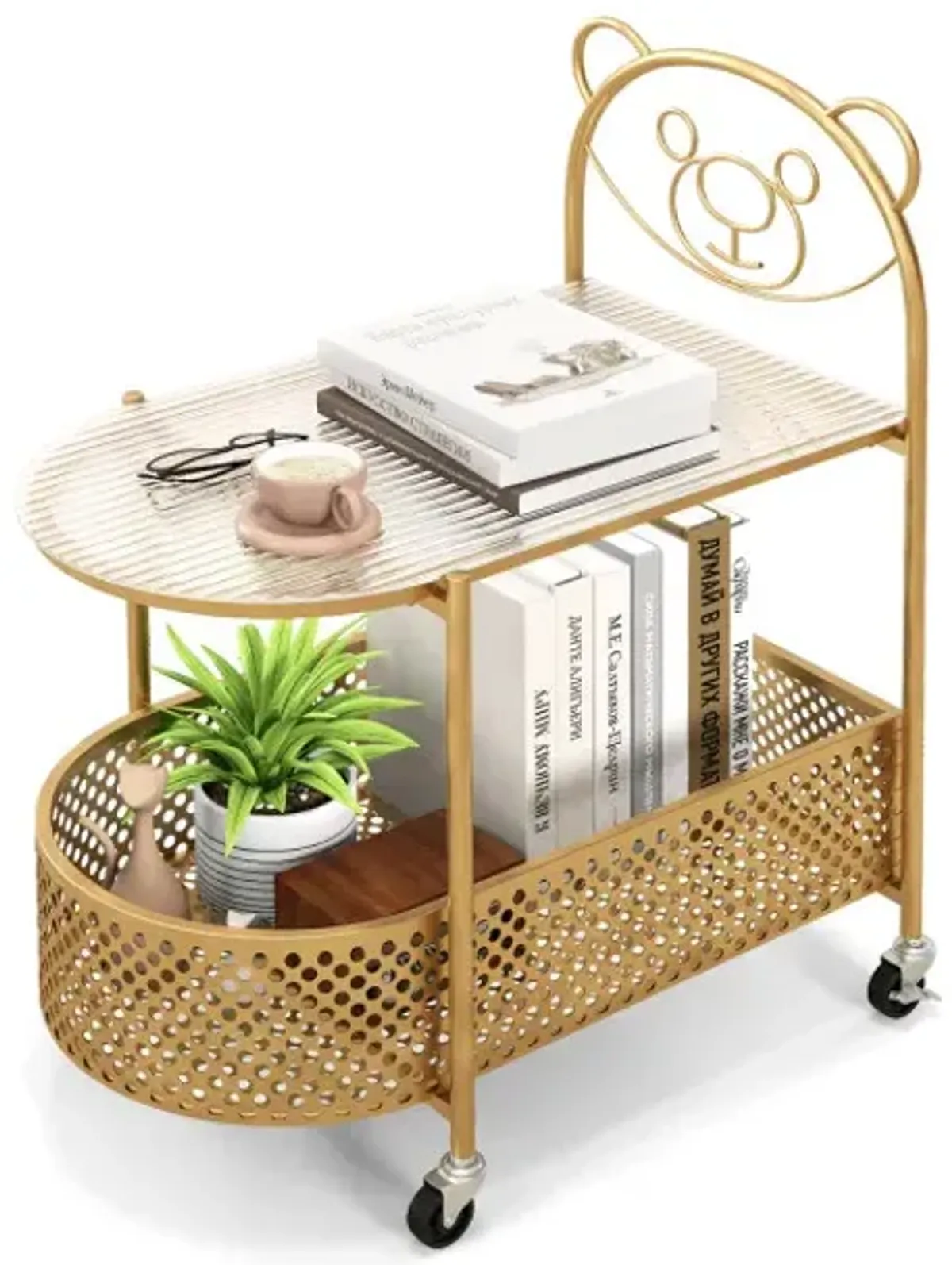 2-Tier Mobile Glass end Table with Bear Pattern