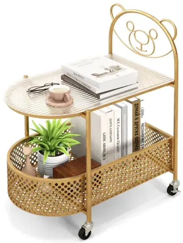 2-Tier Mobile Glass end Table with Bear Pattern