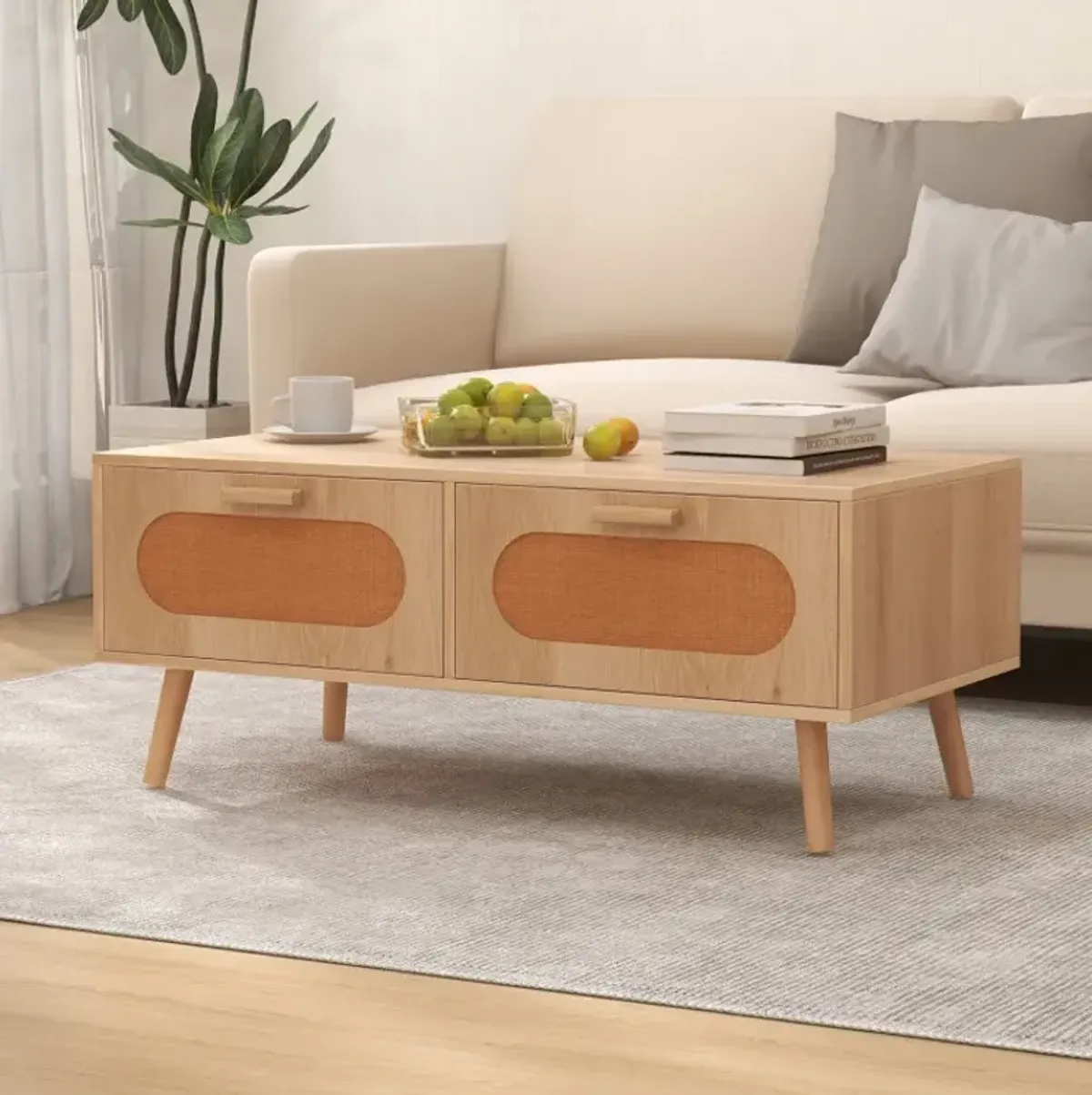 Rattan Coffee Table Mid Century Modern Center Table with 2 Storage Drawers