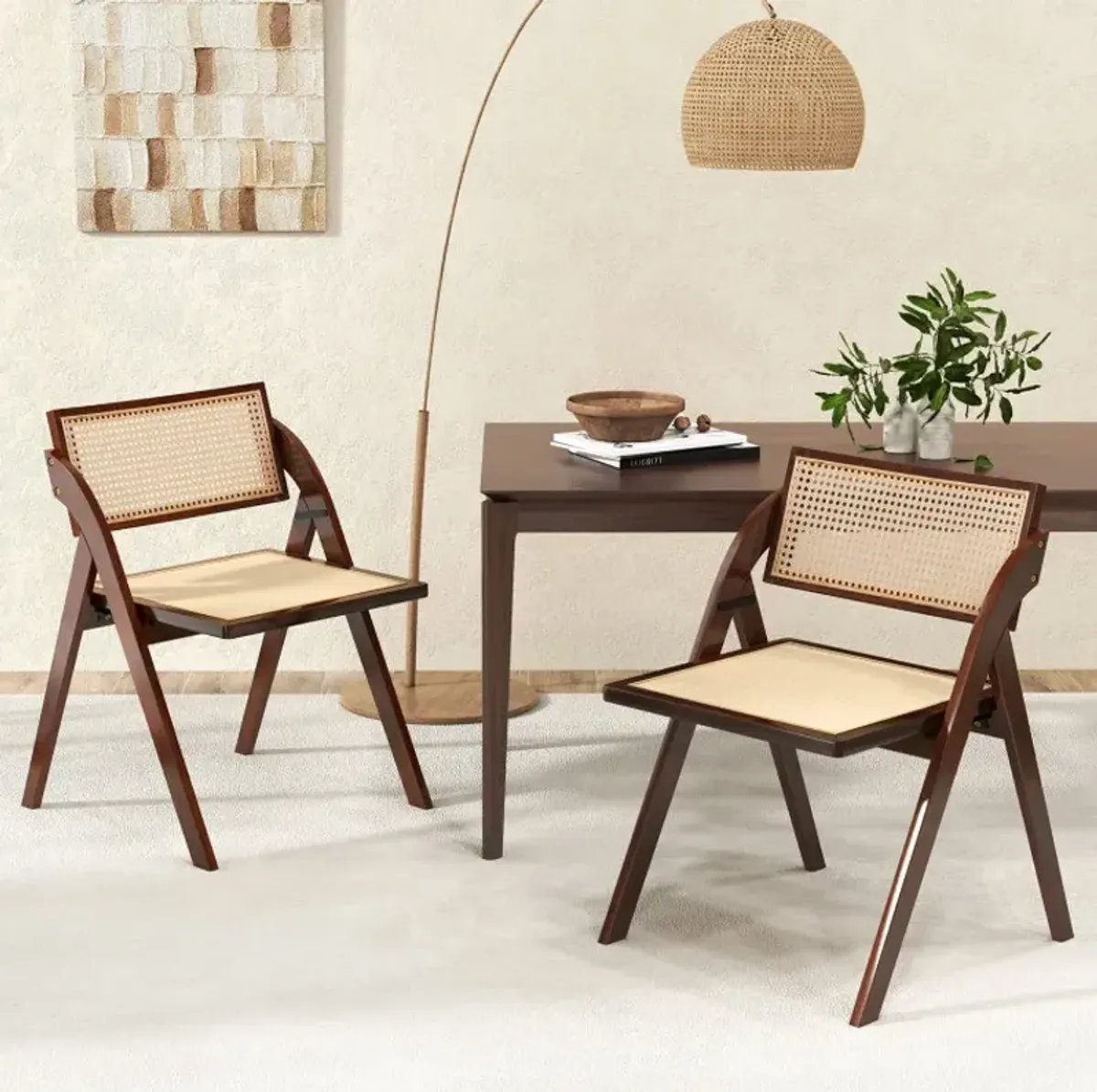 Foldable Dining Chairs Set of 2 with Woven Rattan Backrest