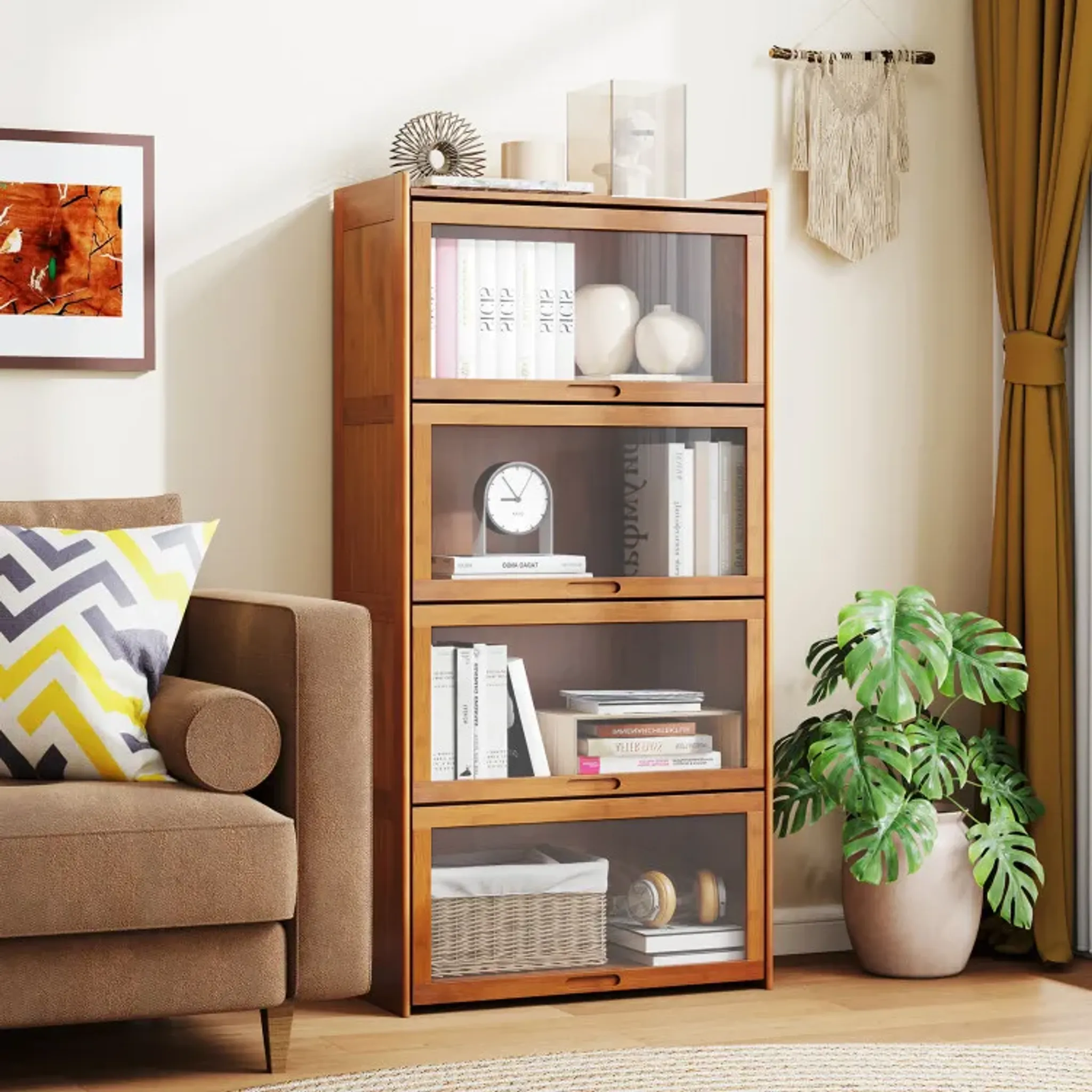 4 Tier Bamboo Bookcase With Doors For Study Room Living Room